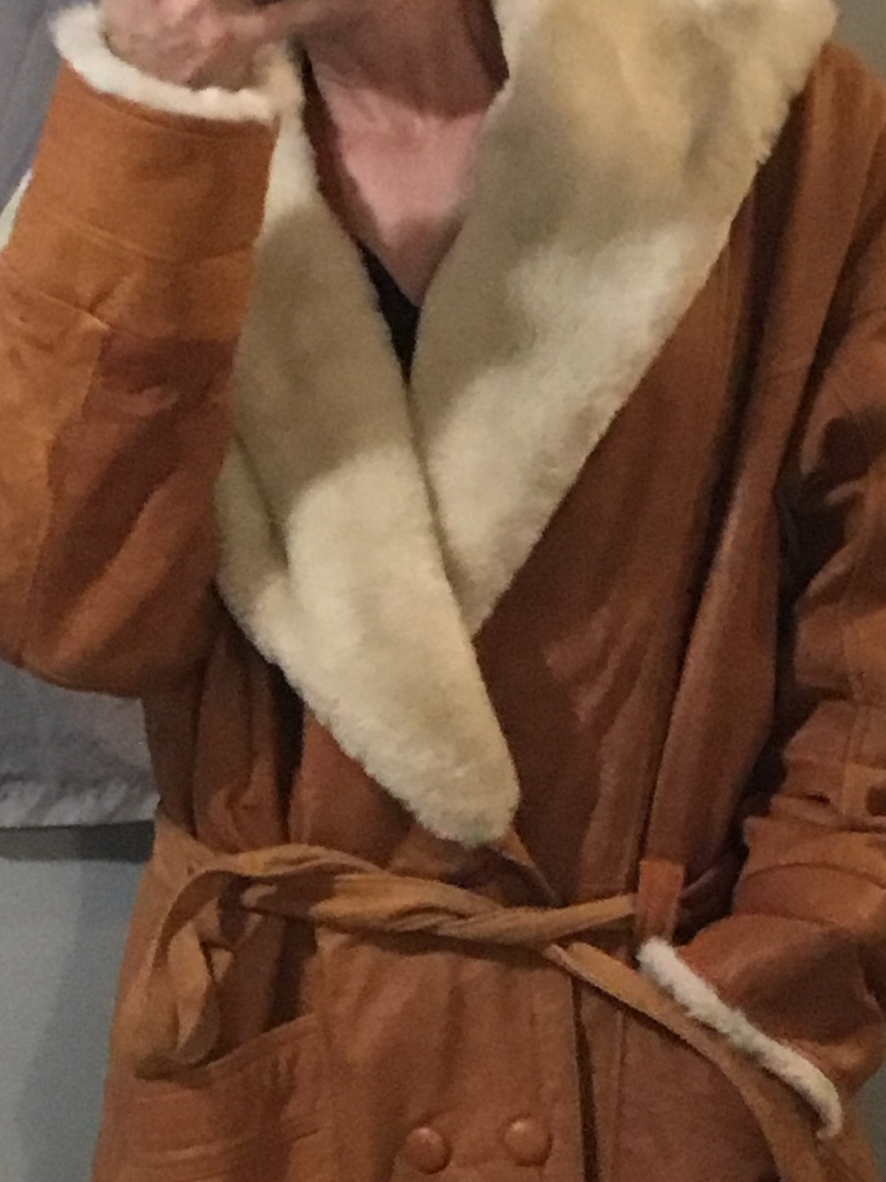 Wilsons Leather Tan Belted Shearling-Trim Genuine Leather Coat warm and beautifu